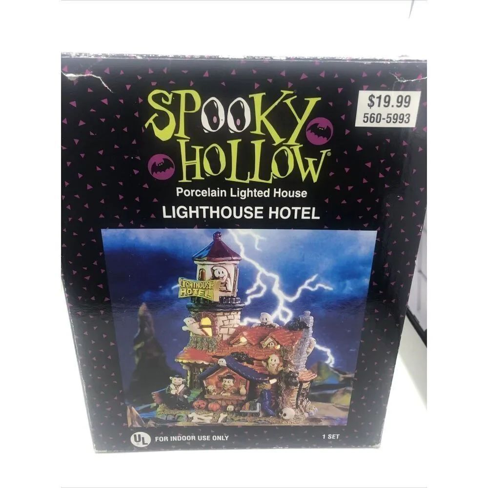 SPOOKY HOLLOW Halloween Lighthouse Hotel Lighted Porcelain . Halloween Village